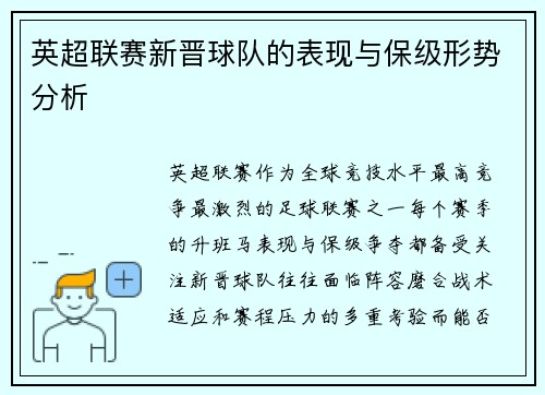 英超联赛新晋球队的表现与保级形势分析
