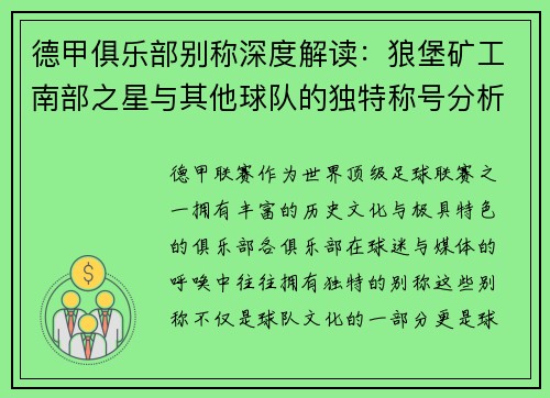 德甲俱乐部别称深度解读：狼堡矿工南部之星与其他球队的独特称号分析