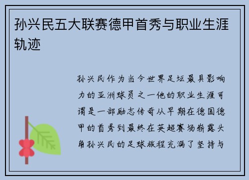 孙兴民五大联赛德甲首秀与职业生涯轨迹